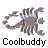Animated contact sheet of 15 frames showing a scorpion-shaped icon with varying poses and partial visibility across sampled frames, each labeled "Coolbuddy" below.