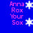 Blue background with pink text 'Anna Rox Your Sox' and white snowflake icons in a pattern