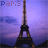 Animated sequence of Eiffel Tower at dusk with purple sky, 'paris' text in top-left corner changing color across frames.