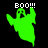 Green ghost icon with "BOO!!!" text, showing two color variations and a reflection effect on black background.