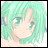 A 48x48 pixel buddy icon featuring a green-haired anime character on the left and stylized text on the black background to the right, displayed as part of an animated contact sheet with two visible frames.