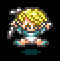 Pixel art character with blonde hair and teal-and-white outfit, shown in two poses against black background.