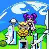 Pixel art scene with two characters on a green hill under blue sky, featuring wind turbines and city buildings.
