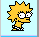 Pixelated cartoon character with spiky yellow hair, white eyes with black pupils, and a checkered outfit on light blue background.