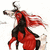 Pixelated figure in dynamic pose with flowing red cape, black body, and white accents against plain background.