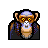 Pixel art monkey character with goggles, blue headband, and dark cape against gray background.