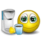 Animated yellow smiley face with green eyes interacting with a white coffee maker and blue cup, showing sequential actions of pouring and drinking.