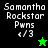 Pixelated text displays "Samantha Rockstar Pwns 4/3" with a green star icon on black background and a black star icon on bright green background.