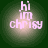 Four circular display the text 'hi im chrisy' in light pink pixelated font against a dark green background with a central light gradient