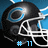 Pixelated football helmet with blue and white accents on a blue background, featuring text labels in different
