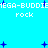 Pixelated blue background with white text repeating 'MEGA-BUDDIE' and 'rock' alongside blue plus signs in a static pattern.