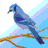 Static pixelated icon of a blue bird perched on a branch against a light blue gradient background with diagonal purple and white stripes.