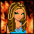 Pixelated cartoon woman with long brown hair and green eyes in blue top, displayed across three frames of a contact sheet showing slight pose variations against fiery background.