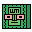 Four green pixel-art with black borders display a shifting geometric pattern of pink and light-green shapes against a dark green background