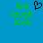 Blue background with green pixelated text 'live laugh love' on left and right, black heart symbol above center.