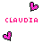 Pixelated icon with pink and black checkered heart symbols at top-right and bottom-left, centered text 'CLAUDIA' in bright pink block letters on white background.