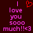 A dark red background displays pink pixelated text reading "I love you sooo much!!<3" with a small red heart symbol above the first 'I'.