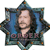 A pixelated star-shaped icon with a central portrait of a person with long dark hair and a beard, set against a blue and teal background with orange accents.