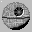 A circular gray icon with a horizontal black band and a central dark circular detail, showing sequential animation frames with pixelated red and yellow effects on the right side.