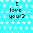 A static image with a light blue background patterned by white stars, displaying repeated text "I love you<3" in black pixelated font.