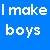 Pixel art of a woman with long brown hair wearing a blue cap, white top, and green accessories; text reads "I make boys" and "CRY".
