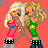 Pixel art contact sheet showing two animated frames of a cartoon character with blonde hair in pink and green outfits against red and green backgrounds.