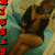 Pixelated image of a person in a dark top and brown pants lying on a light surface with blue-green background, red text on top and left edges.