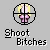 Pixelated icon shows a character with blonde hair and pink clothing inside a black crosshair on gray background, with 'Shoot Bitches' text below.