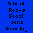 Pixelated text displays 'School Rocks Scool Rocks Reading' in black on blue backgrounds with varying shades.