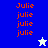 A pixelated image with four vertical sections displaying the name "Julie" in orange text, featuring a white star on blue background and a blue star on light green background.