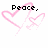 Pixelated pink heart outlines with black text above them, showing sequential text changes from Peace. to Love. to C.F.A.D !!