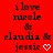 Red background with black text reading "i love nicole & claudia & jessie" and animated heart symbols changing from solid to outline to dot.