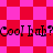 Pixelated text 'Cool hah?Cool hah?' repeats across a red and pink checkered background with shifting diamond patterns.