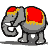Pixelated elephant with red and gold saddle, gray body, trunk curled left, walking in sequence from full view to partial views.