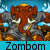 Animated contact sheet of a brown cartoon elephant with white tusks and golden headpiece standing on gray rocks against blue sky, repeating across multiple frames with visible text "Zombom" below each instance.