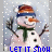 A snowman with a carrot nose, green scarf, and striped hat stands against falling snow; text below reads "LET IT SNOW" in blue.