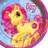 A pixelated yellow pony with pink mane and tail stands against a blue sky background, surrounded by purple circular shapes.
