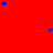 Red background with scattered blue and purple stars, one gray square in bottom-right corner.