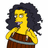 Pixelated yellow-skinned character with dark curly hair wearing brown dress and light blue sash, standing against white background.