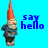 A pixelated garden gnome with a red conical hat and blue clothing stands against a bright cyan background, accompanied by blue text reading "say hello to my little friend".