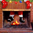 Animated sequence showing Santa's legs in a fireplace with changing fire and sock positions, framed by Christmas decorations.
