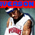 A pixelated image shows a person wearing a white sleeveless shirt with red text, a dark undershirt, and a blue cap, with a red banner displaying blue text above.