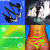 A static image divided into four quadrants with distinct color backgrounds and pixelated shapes. The top-left shows dark curved forms on blue, top-right has light shapes on dark, bottom-left is green-yellow gradient, bottom-right displays a colorful gradient with pink and green patterns.