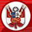 Six circular icons arranged in two on a red striped background, each containing a stylized figure with raised arms and a halo-like ring above its head