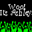 Pixelated text reads "Woo! Its Ashley" in white on black background with green pixelated shapes below.