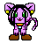 Pixel art cat-like character with purple body, green eyes, black hair, yellow ear accents, brown shoes, and a rainbow collar in multiple poses.