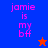 Pixelated text 'jamie is my bf' in pink on blue and red backgrounds with orange and blue star icons.