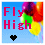 Animated contact sheet of a 4-frame AIM buddy icon showing "Fly High" text with balloon background and heart symbol changing colors across frames.