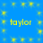 Blue background with yellow pixelated text 'taylor' repeated four times and scattered small square sparkles.