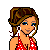 Pixel art contact sheet showing three static frames of a cartoon woman in red polka-dot top with brown hair, partial torso view, and blue skirt, each paired with distinct red text below.
